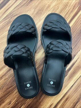 Shade & Shore Black Braided Double-Strap Slide Sandals